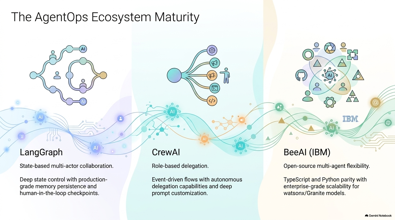 AgentOps ecosystem maturity across LangGraph, CrewAI, and BeeAI