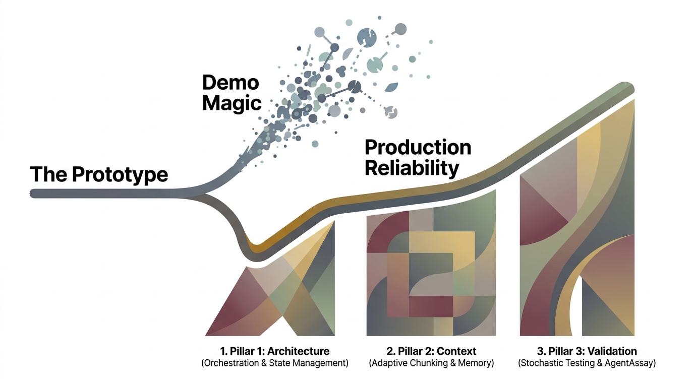 The transition from prototype demo magic to production reliability through architecture, context, and validation