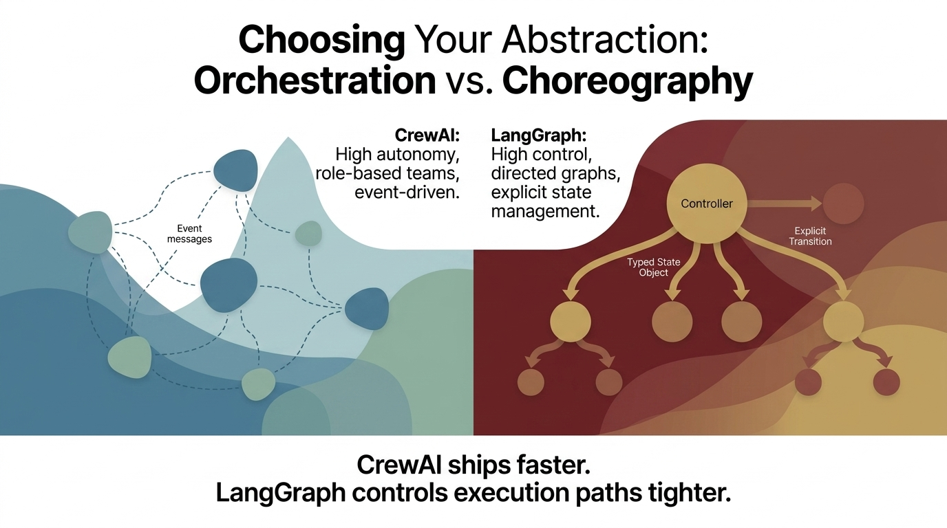 Comparison of CrewAI-style choreography and LangGraph-style orchestration