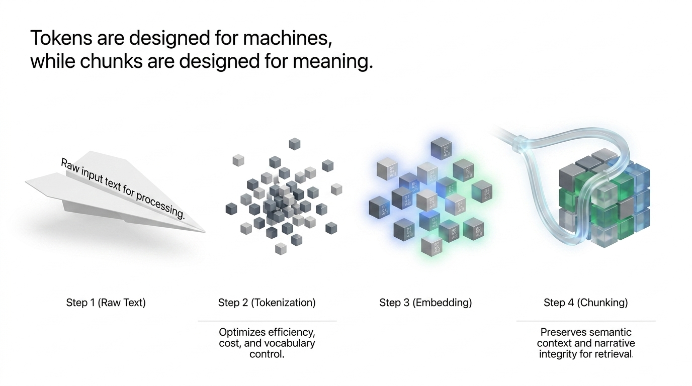 Conceptual distinction between tokenization, embedding, and chunking