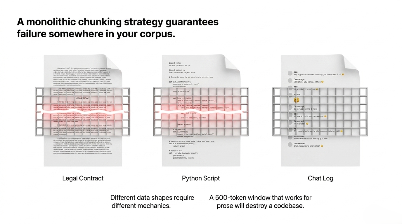 Different data shapes fail under a monolithic chunking strategy