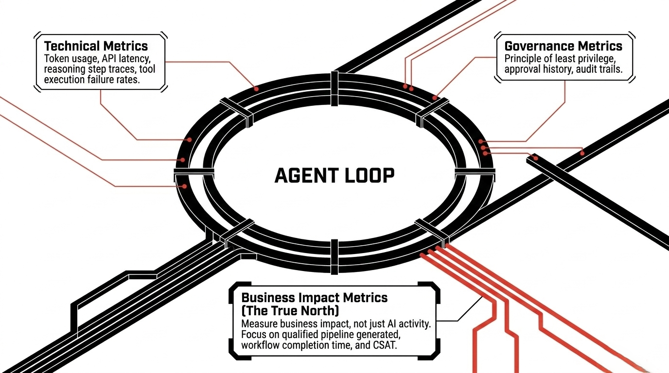 Agent loop instrumented with technical, governance, and business impact metrics
