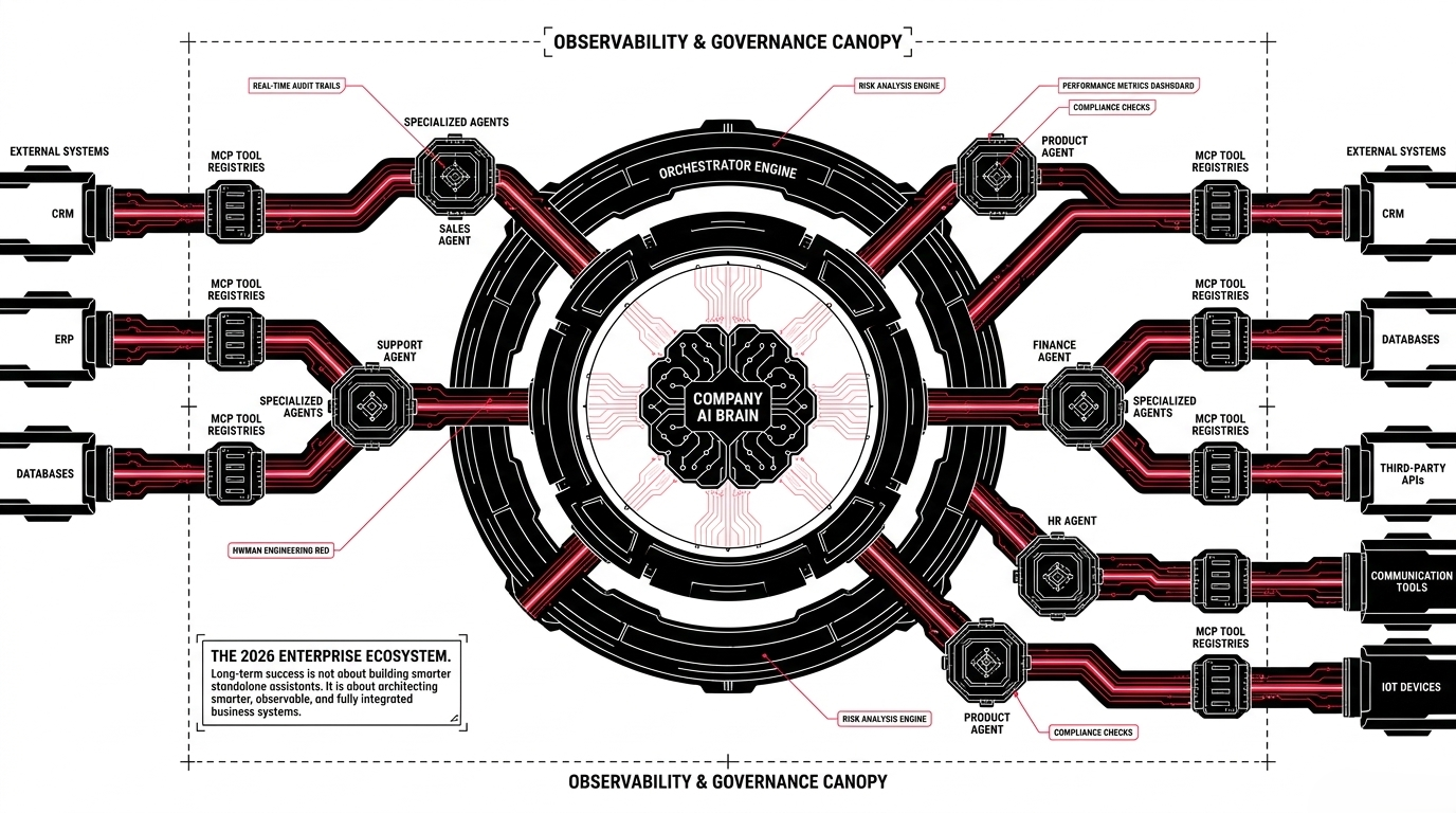 Enterprise multi-agent architecture under an observability and governance canopy