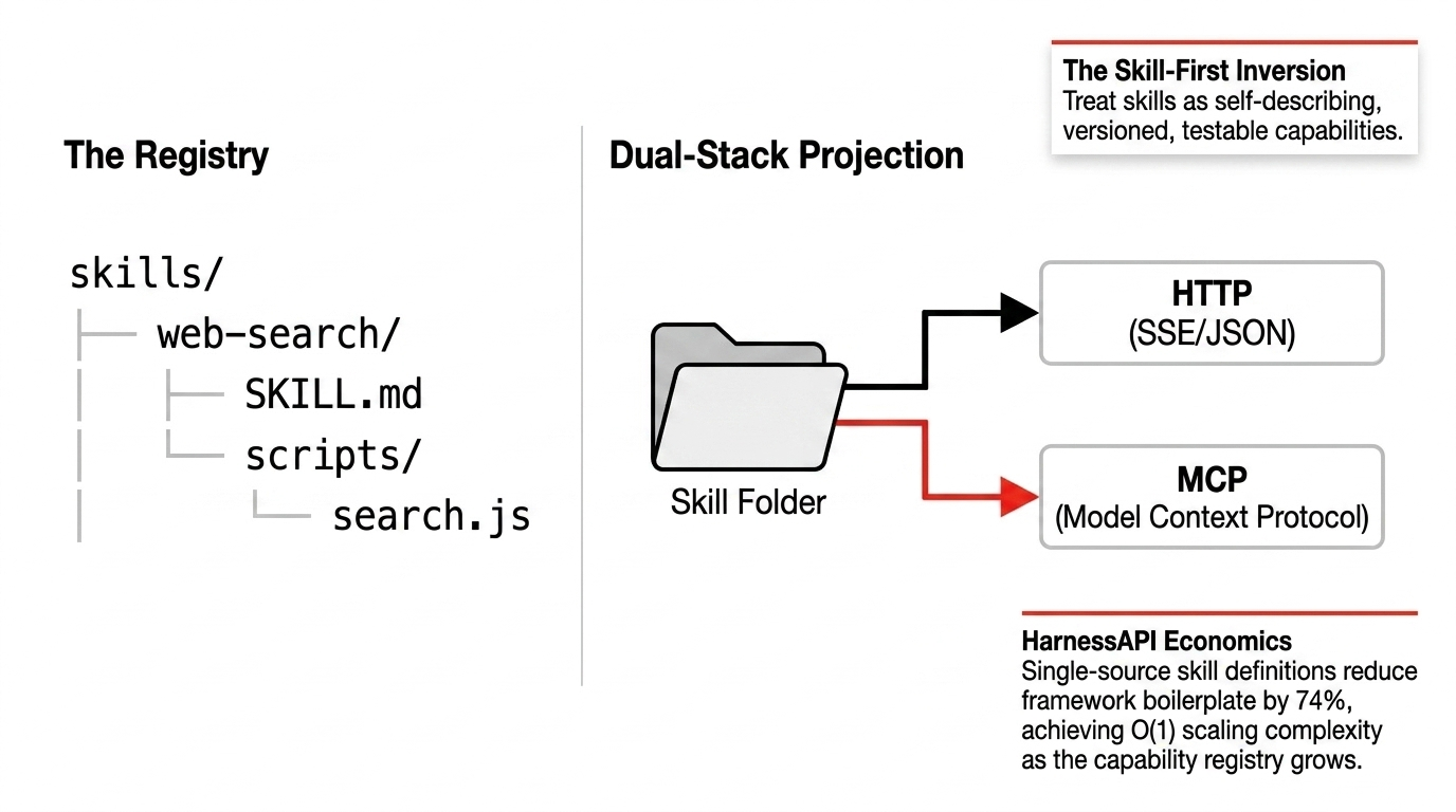 Skill registry with a web-search skill projected to HTTP and MCP