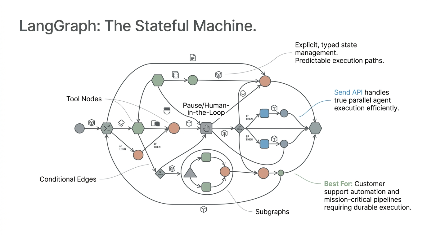 LangGraph stateful machine with tool nodes and conditional edges