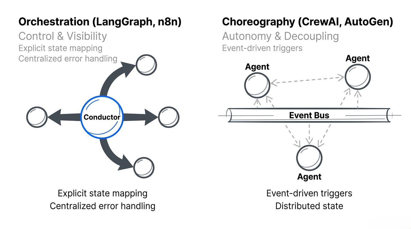 Centralized orchestration compared with event-driven choreography