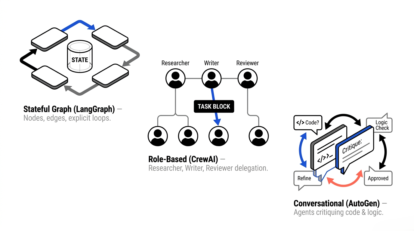 Stateful graph, role-based crew, and conversational multi-agent patterns